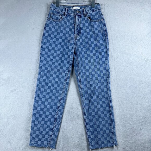 Pacsun Jeans Womens Straight Cropped Plaid Raw Hem 100% Cotton Blue Size W27 - Picture 1 of 10